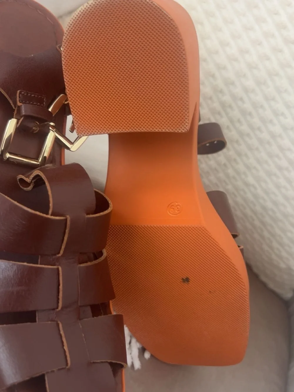 Free People Brown Leather Strappy Platform Sandals with Orange Sole